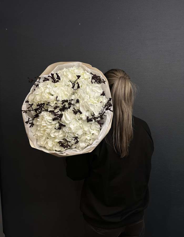 Букет из белых гортензий  и анигозантуса "Морозко"