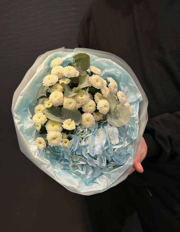 Букет из голубой гортензии и хризантем сантини "Аура"