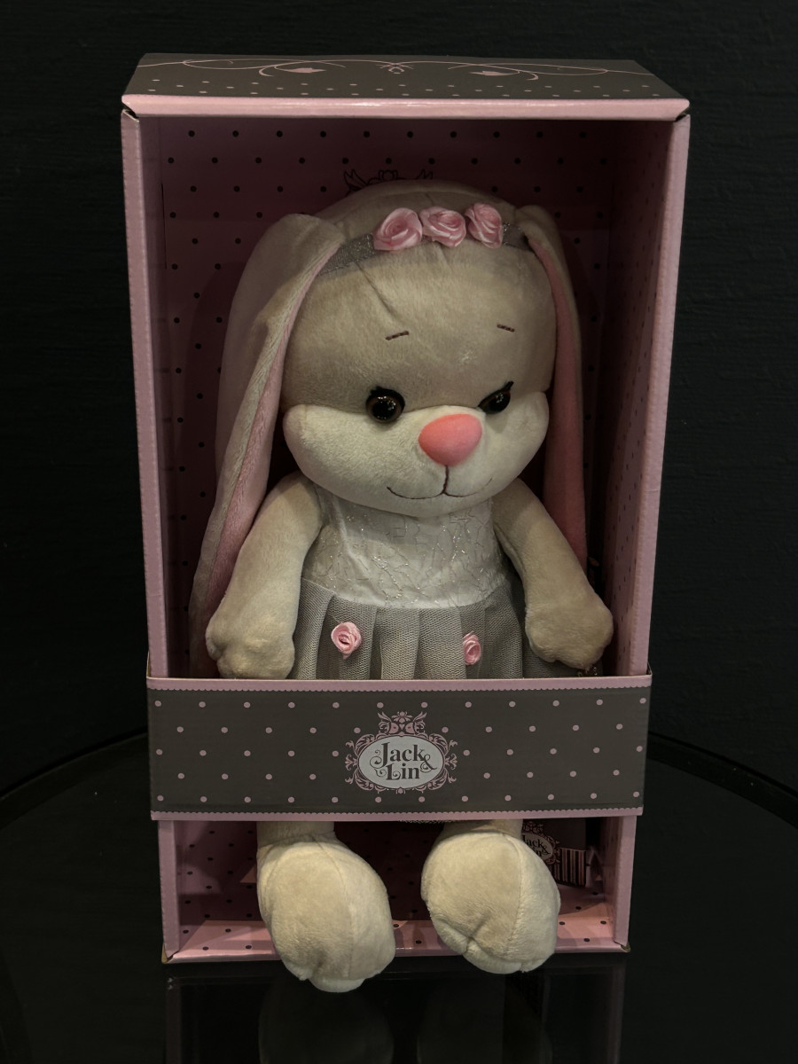 Мягкая игрушка, Зайка в сером платье с розовыми вставками