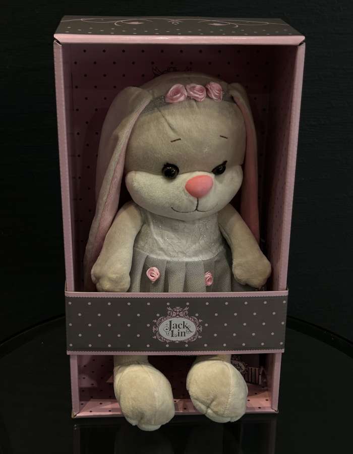 Мягкая игрушка, Зайка в сером платье с розовыми вставками